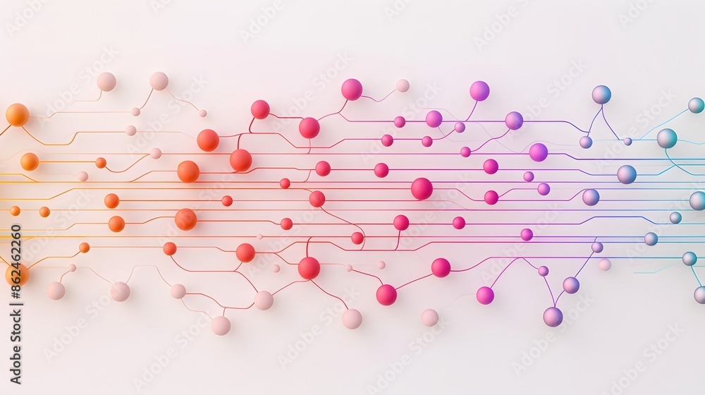 Poster colorful abstract network of interconnected nodes and paths symbolizing communication, technology, a
