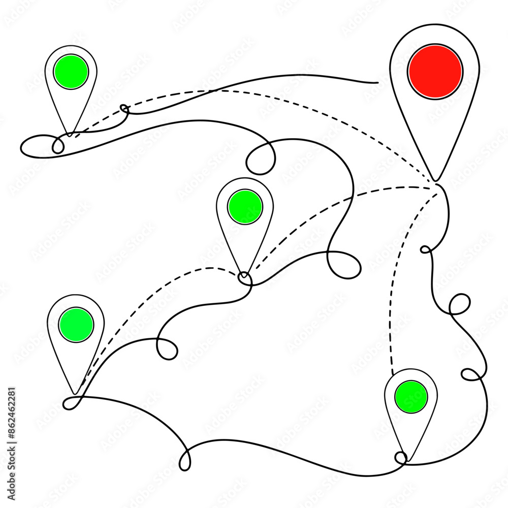Poster continuous line drawing of route icon between points with dotted path and location pin. location poi