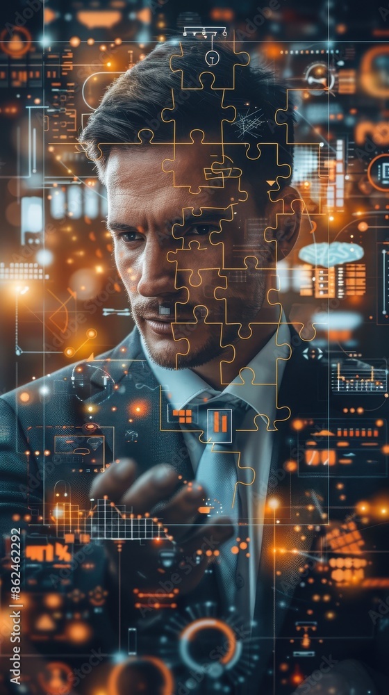 Poster businessman interacting with futuristic digital interface featuring data visualizations, puzzle piec