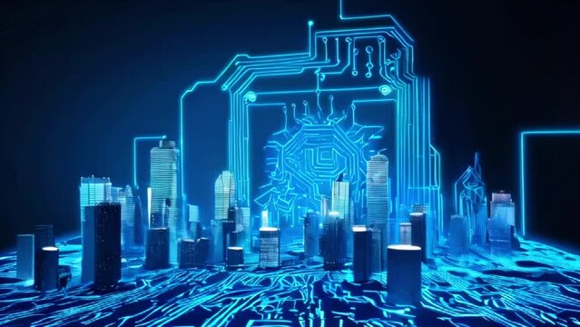 A futuristic city made of blue glowing circuit boards and skyscrapers.