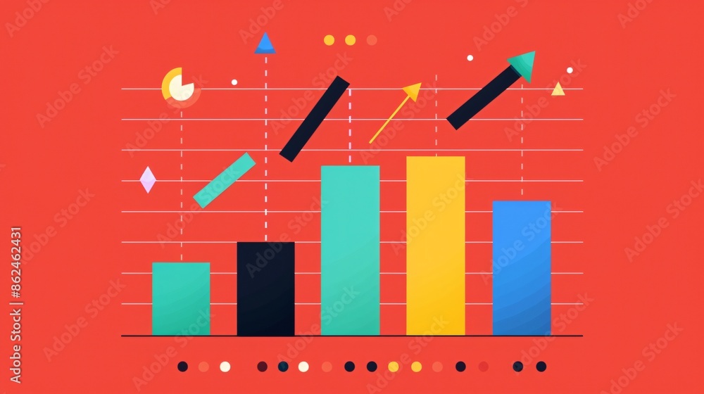 Poster colorful bar chart with various geometric shapes and upward arrows on a red background, representing