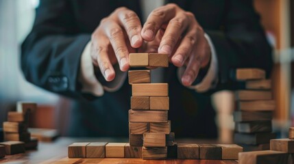 A close-up of a person's hands meticulously balancing wooden blocks to form a tower, symbolizing strategy, precision, and stability in a professional setting.