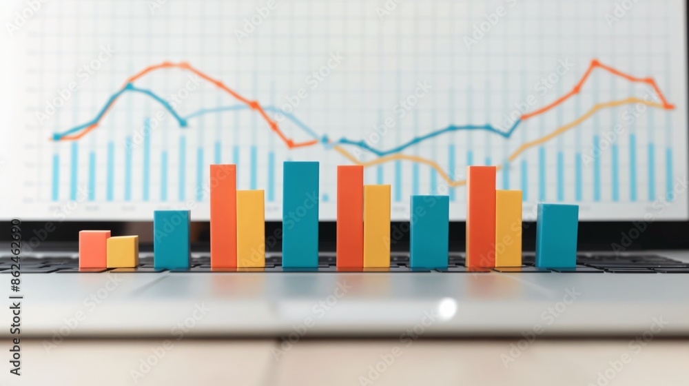 Poster colorful bar graphs and line charts displayed on a laptop screen, representing data analysis and fin