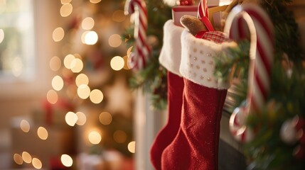 Cozy Christmas Scene with Stockings Hanging by the Fireplace and Festive Decorations