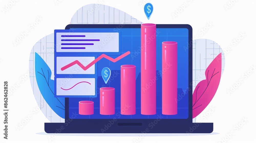 Aufkleber colorful data visualization on a laptop screen with bar and line graphs, representing business analy