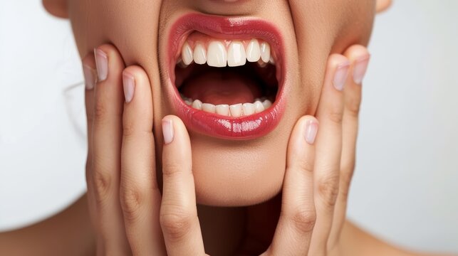 Person with a smile, she appears to be suffering from a headache or toothache.
