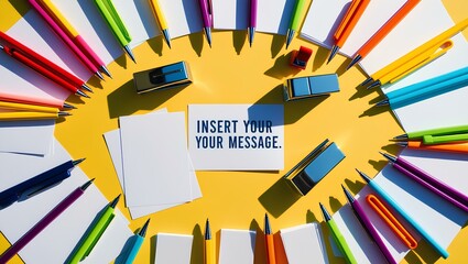 Frame of office supplies on a yellow background Flat lay view above copy area with blank center for pasted text.