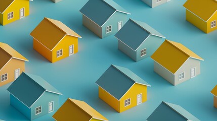Colorful miniature houses arranged on a blue background, representing real estate, housing, and community planning concepts.