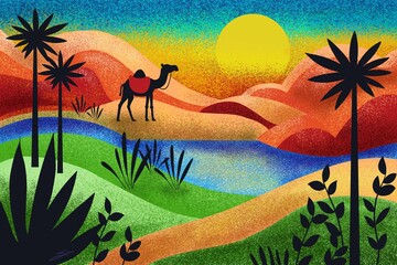 Vibrant Oasis : A Stunning Illustration of Lush Greenery, Dunes, and Sun. Hand-drawn Artwork © Wirestock