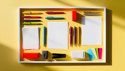 Frame of office supplies on a yellow background Flat lay view above copy area with blank center for pasted text.