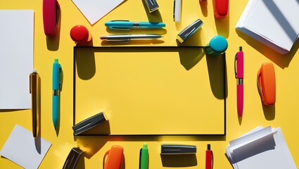 Frame of office supplies on a yellow background Flat lay view above copy area with blank center for pasted text.