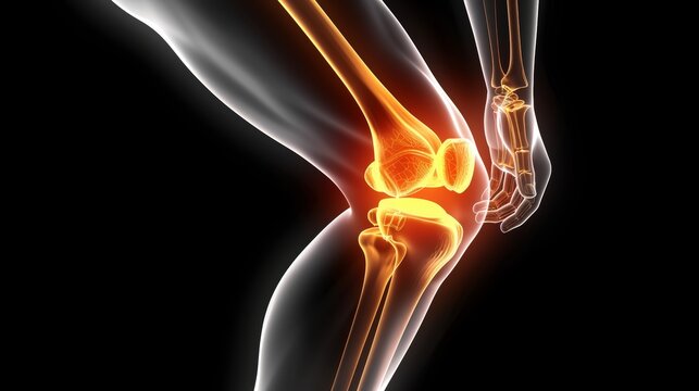 X-ray image of a human knee joint with pain highlighted in red.