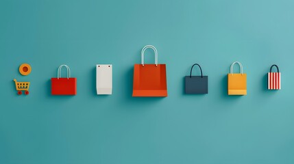 Colorful shopping bags and cart arranged in a row on a turquoise background, symbolizing retail, e-commerce, and shopping.