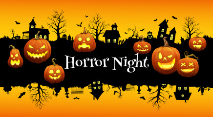 Halloween grunge banner with scary pumpkins and town silhouette. Vector background with moonlit creepy cityscape shrouded in darkness, haunted houses, gnarled trees and bats set stage at horror night