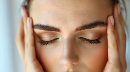Fototapeta premium Close-up of a woman's face with her eyes closed, hands gently touching her temples.