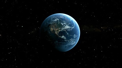 3d blue earth globe with continent outlines against starry black space background