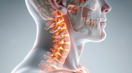 Side view of human skull and cervical spine, showing anatomy and bone structure.