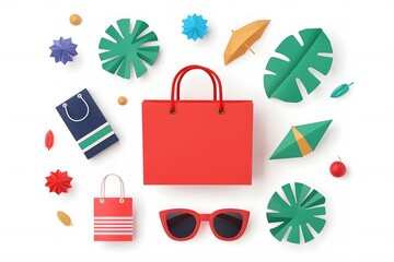 Colorful summer-themed flat lay with shopping bags, sunglasses, tropical leaves, and decorative elements on a white background.