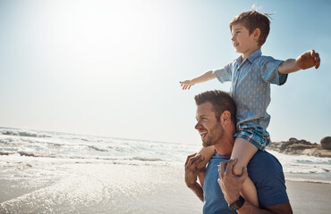 Dad, beach and child on shoulders for plane, vacation or waves to relax with care, love or bonding...
