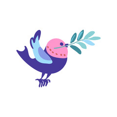 Illustration of a bird holding a small branch, depicted in a charming folk style. Colorful and whimsical design suitable for print, pattern, and poster printing.