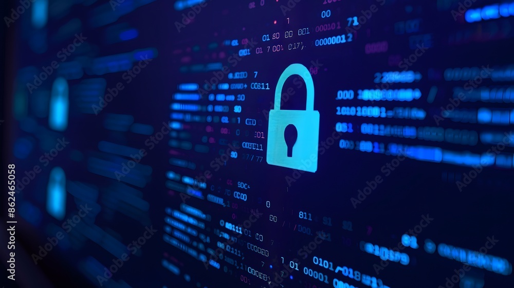 Aufkleber cybersecurity concept with a glowing lock symbol on a digital background, representing data protecti