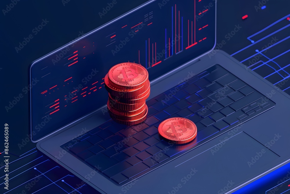 Aufkleber digital cryptocurrency coins stacked on a laptop keyboard with neon financial graphs in the backgrou