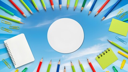 Frame of office supplies on a blue background Flat lay view above copy area with blank center for pasted text.