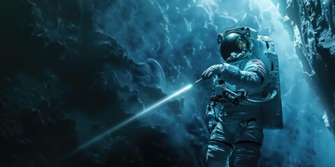 Fototapeta premium An astronaut pierces through a shadowy backdrop with a beam of light, echoing themes of hope and enlightenment