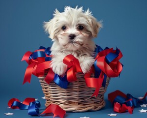 Puppy in a basket with red, white, and blue ribbons, Cute dog 4th of July, cute and festive
