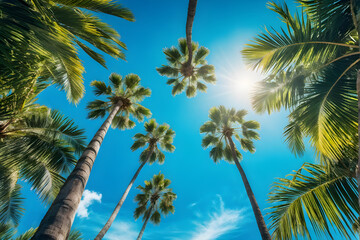 Tall palm trees against clear blue sky - an ai painting of tropical palms from a unique perspective
