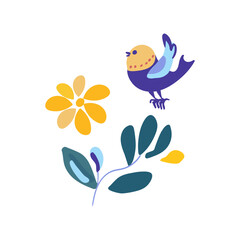 Minimalist graphic featuring a branch with a yellow flower and a bird. Simple and elegant design suitable for various decorative purposes.