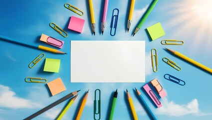 Frame of office supplies on a blue background Flat lay view above copy area with blank center for pasted text.