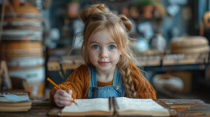 Little Girl Studying in a Cozy Cafe Environment. World Dyslexia Awareness Day