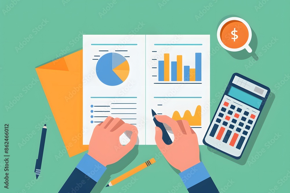 Poster flat lay of hands analyzing financial data with graphs and calculator on a desk, representing busine