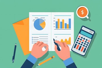 Obraz premium Flat lay of hands analyzing financial data with graphs and calculator on a desk, representing business analytics and finance management.
