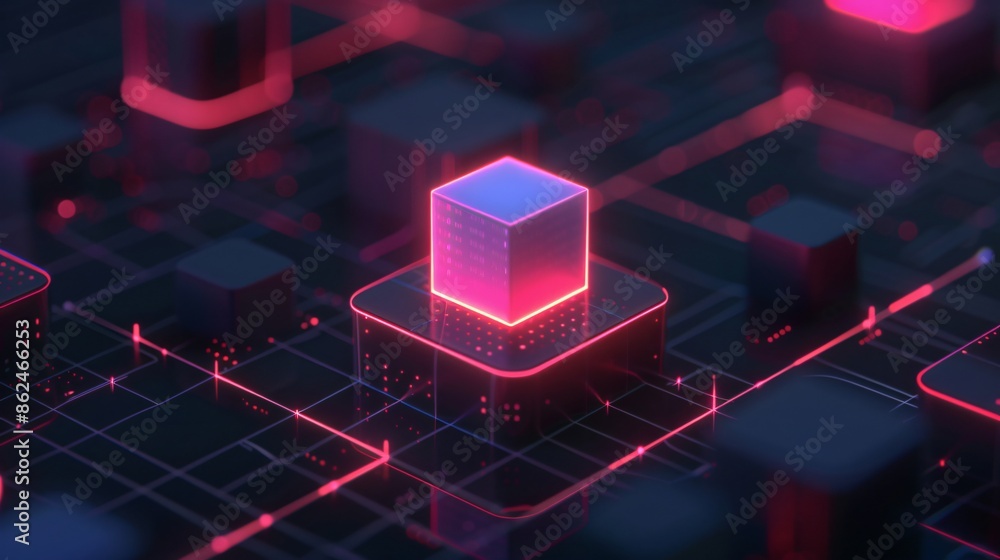 Poster futuristic digital blockchain concept with glowing cubes interconnected on a dark circuit board back