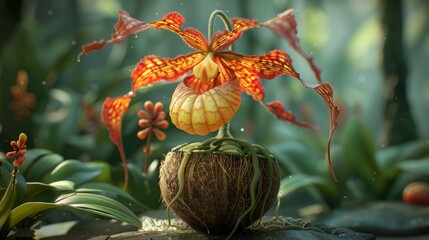 Serene botanical composition  venus slipper orchid in coconut shell with sunlit foliage