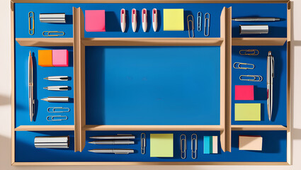 Frame of office supplies on a blue background Flat lay view above copy area with blank center for pasted text.
