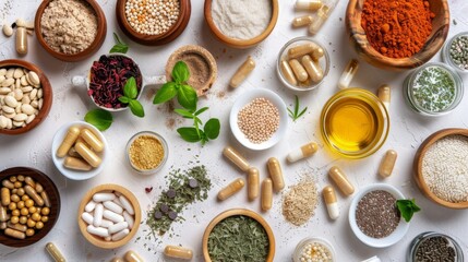 Assortment of various supplements and natural ingredients in bowls and containers
