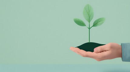 Hand holding a young green plant symbolizing growth, nature conservation, and environmental sustainability on a light green background.