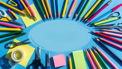 Frame of office supplies on a blue background Flat lay view above copy area with blank center for pasted text.