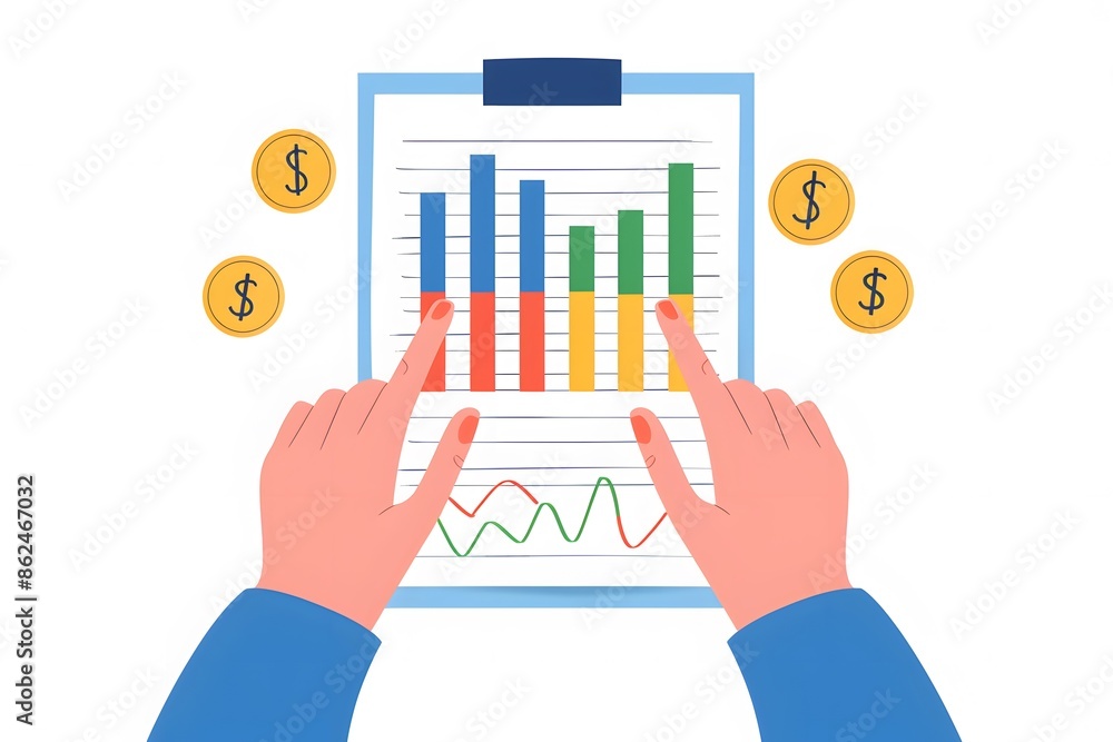 Poster hands analyzing business charts on clipboard with bar graphs and coins, representing financial data 