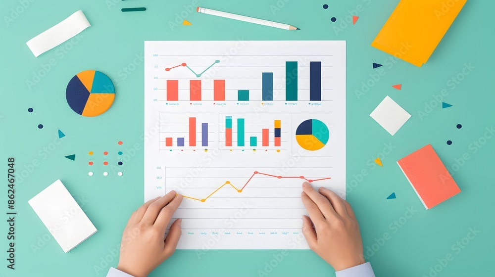 Poster hands analyzing business charts and graphs on colorful desk. concept of data analysis, finance, and 