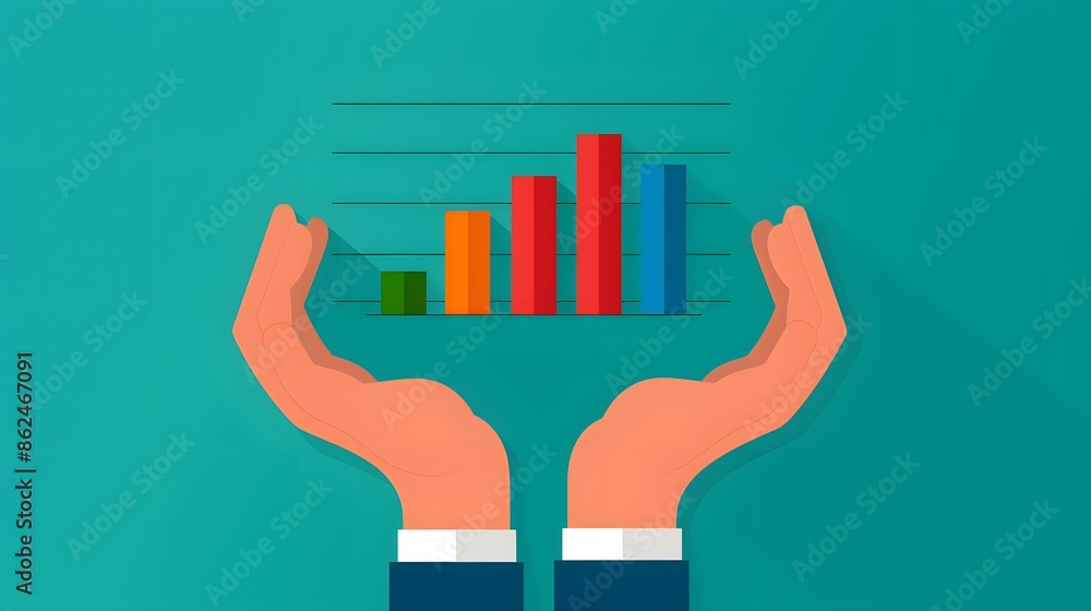 Poster hands holding a bar chart representing business growth and data analysis on a green background. conc