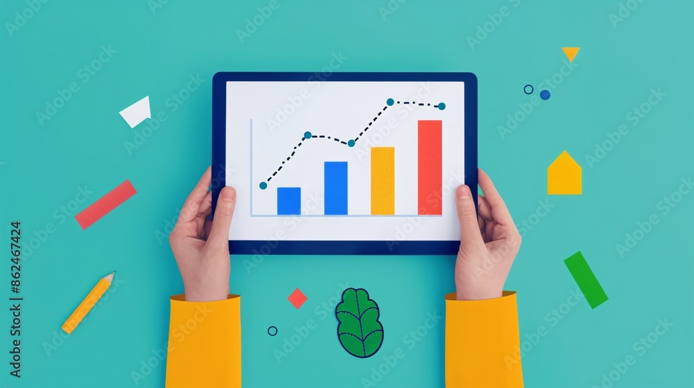 Poster hands holding tablet displaying colorful bar and line chart, on a bright teal background with playfu