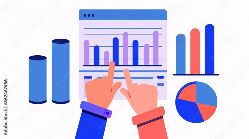 Poster hands point at data graphs and charts on a digital screen, demonstrating data analysis and business 