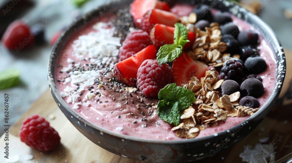Wall mural Smoothie Bowl with Fresh Fruits and Chocolate. Vanilla-Oat Smoothie Bowl - Wall murals