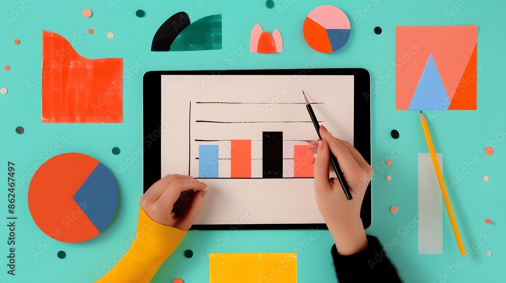 Poster hands pointing at a tablet screen displaying a bar chart, surrounded by colorful geometric shapes on
