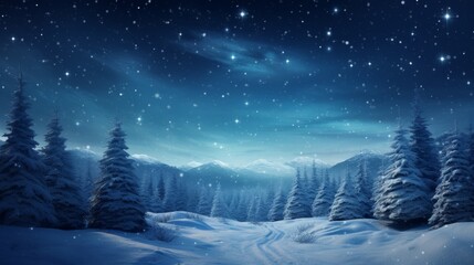 Snowy forest landscape under a starry night sky. Winter scenery with mountains and pine trees.