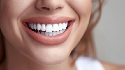 Obraz premium Close-up of a smiling woman's mouth with perfect white teeth. Dental health and beauty concept